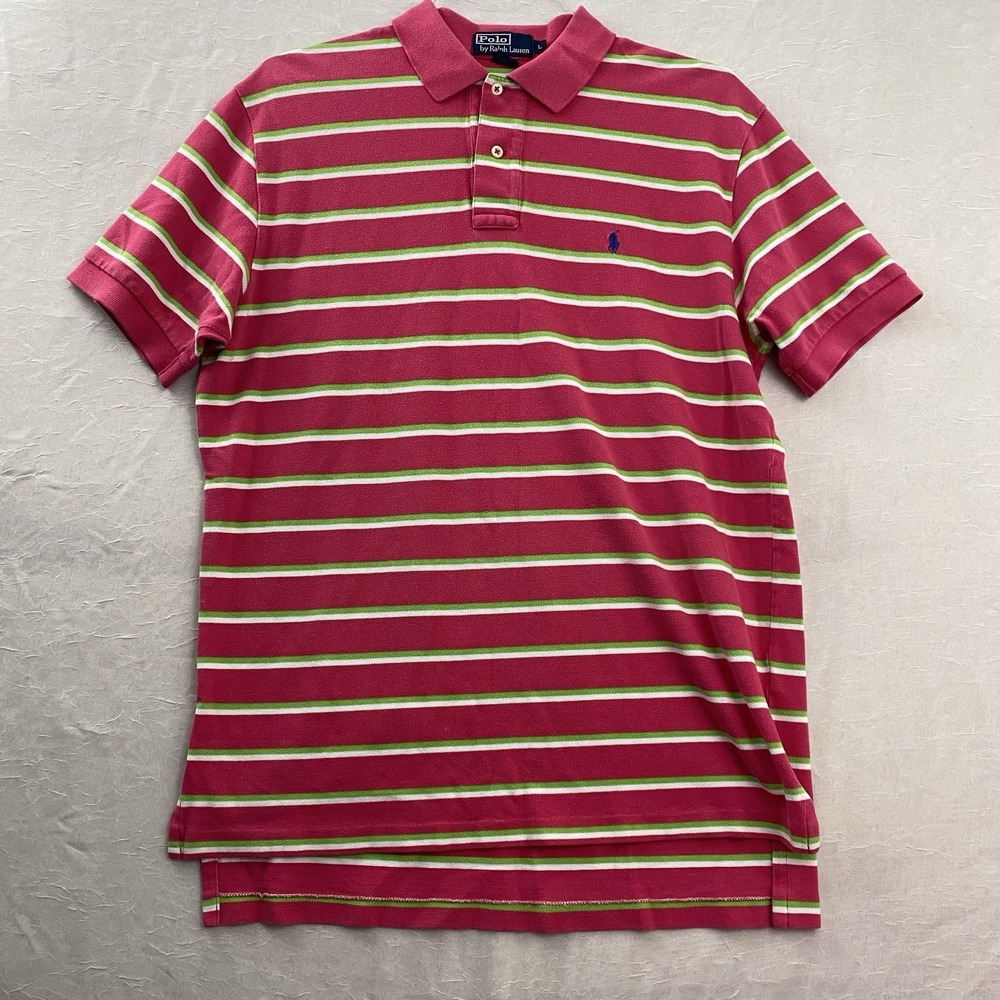 Vtg Polo Ralph Lauren Shirt L Pink Green Striped Bold Retro Y2K Preppy Cotton